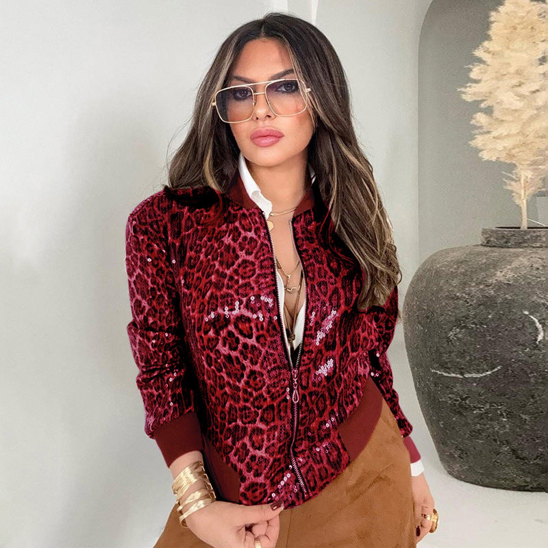 MB10142 Women’s Leopard Print Sequin Bomber Jacket