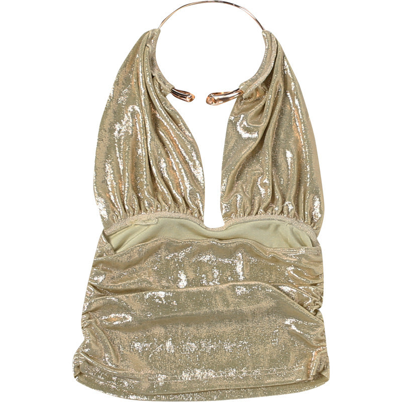 MB1161 Women's Gold Halter Neck Deep V Plunge Front Crop Top