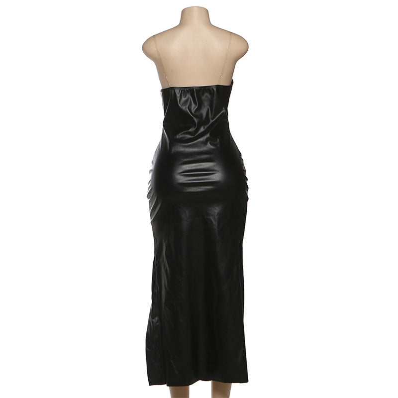 MB1511 Black Faux Leather Bodycon Midi Dress