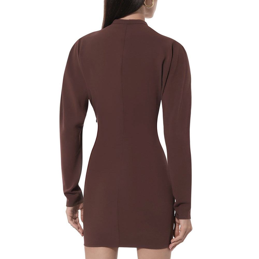 MB1312 Chocolate Brown V-Neck Ruffle Bodycon Mini Dress