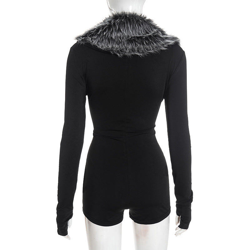 MB10131 Women's Black Faux Fur Collar Long Sleeve Bodycon Romper