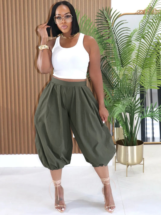 MB1737 High‑Waist Loose Lantern Harem Capri Cropped Pants