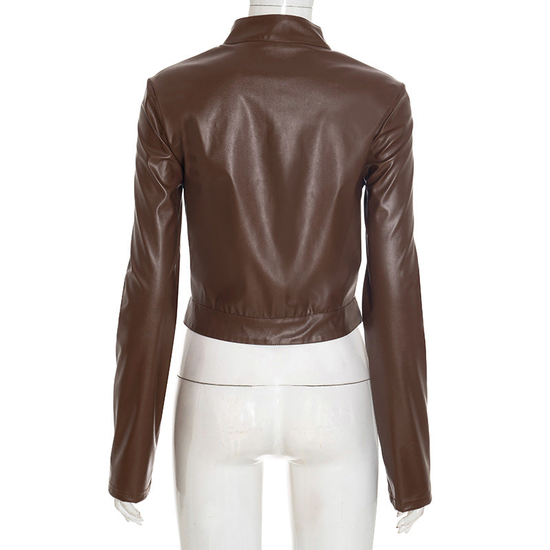 MB1040 Stand Collar PU Leather Zip-Up Jacket