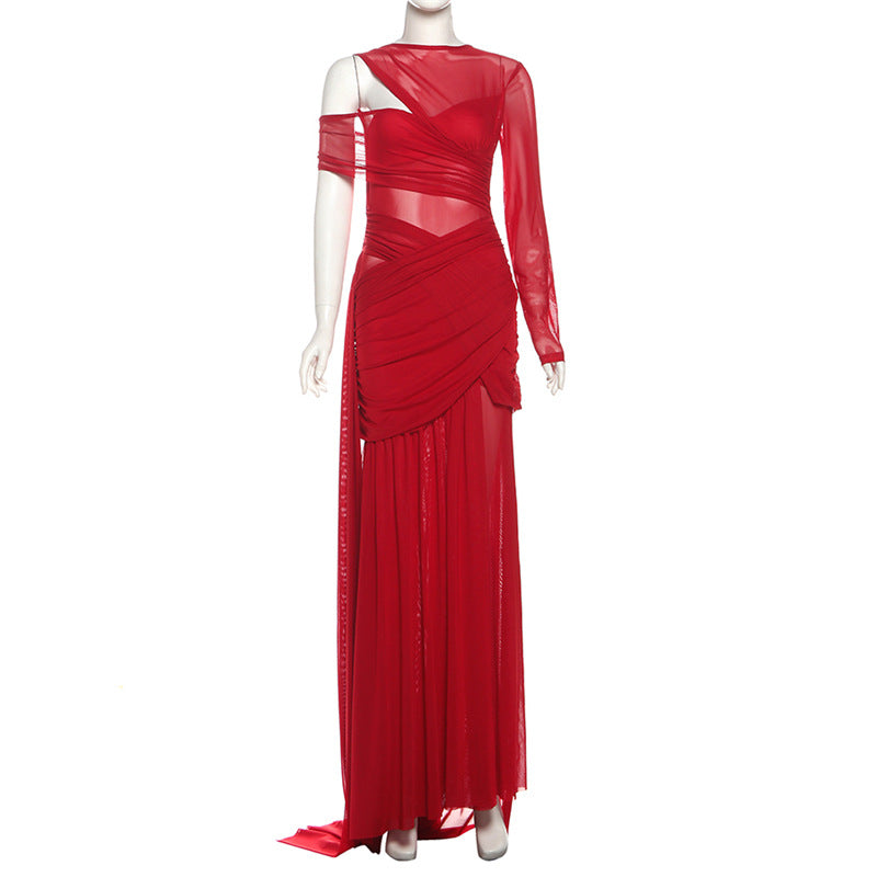 MB1105 Red Sheer Bodycon Maxi Dress