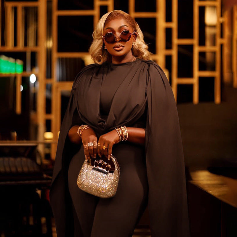 MB10121 Ruched Cape Sleeve Jumpsuit - Bodycon Formal Romper