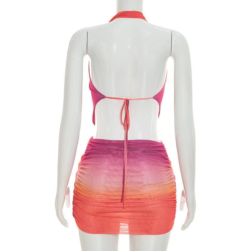 MB1463 Halter Deep‑V Cut‑Out Waist 2‑Piece Mesh Mini Skirt Set