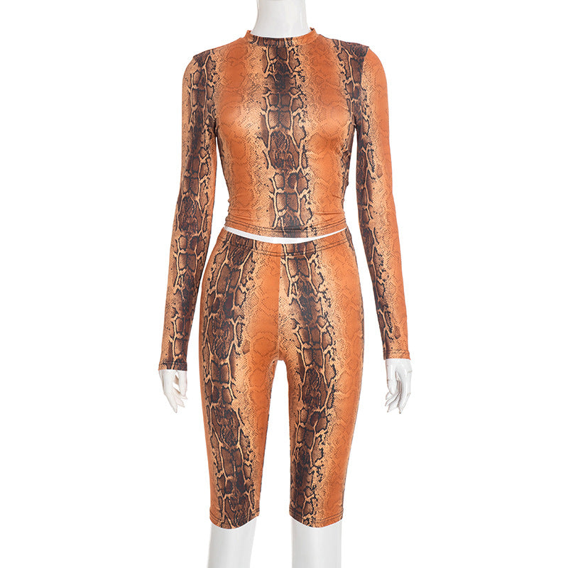 MB10144 Women’s Snake Print Crop Top & Biker Shorts 2-Piece Set