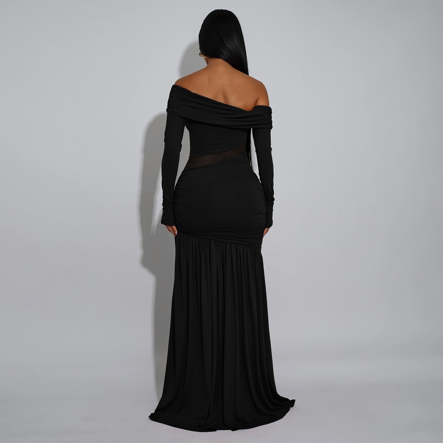 MB1614 Off-the-Shoulder Mesh Cutout Ruched Maxi Dress with Slit