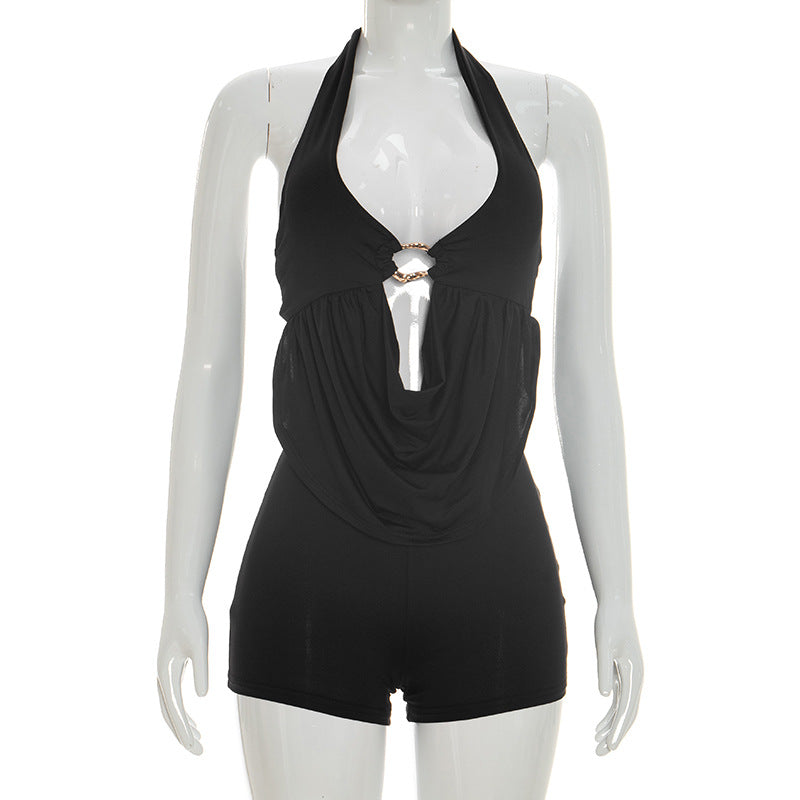 MB10167 Draped Deep V Backless Bodycon Short Jumpsuit