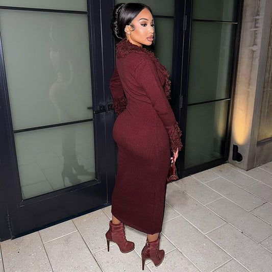 MB1806 Women's Burgundy Deep V Fringe Trim Ribbed Knit Midi Dress