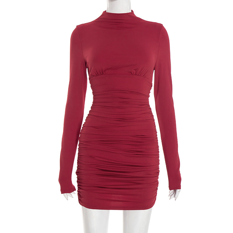 MB1435 Burgundy Turtleneck Ruched Bodycon Mini Dress - Long Sleeve Ruched Detail Evening Dress for Women