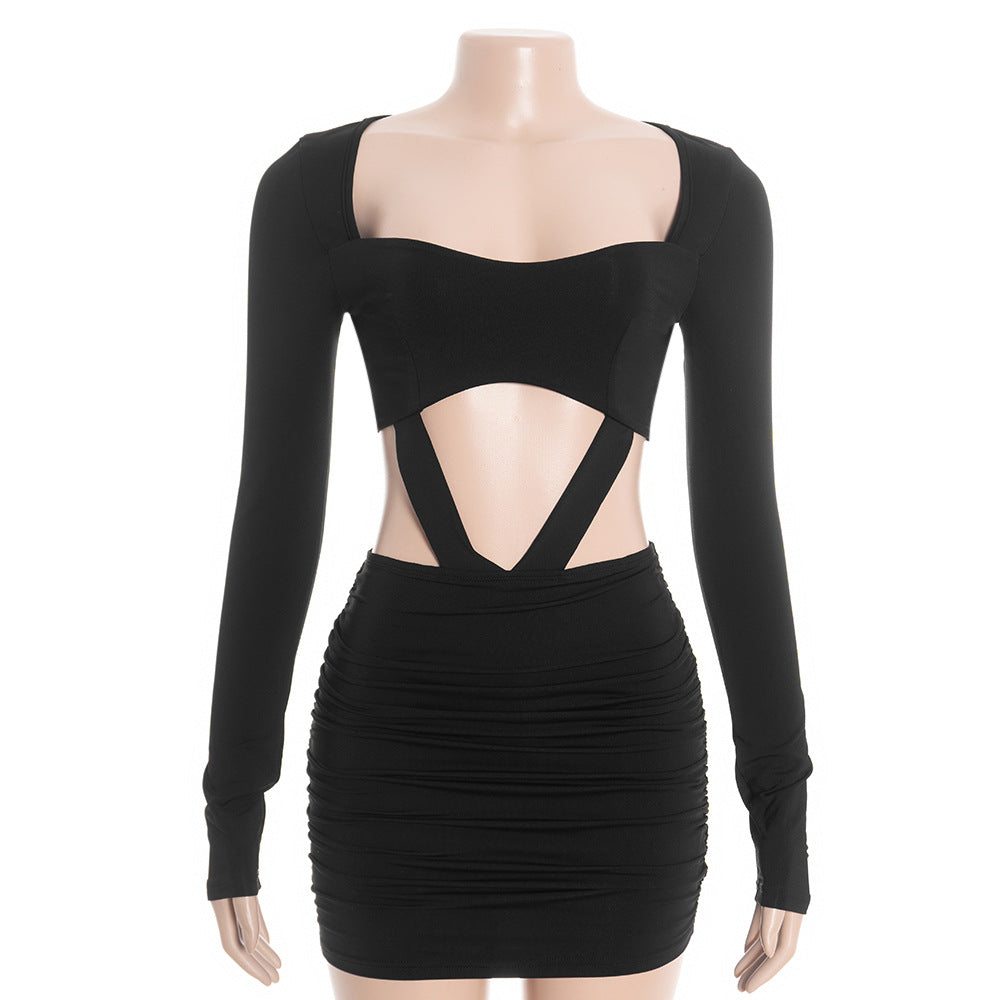 MB1315 Long Sleeve Cutout Crop Top & Ruched Mini Skirt Two-Piece Dress