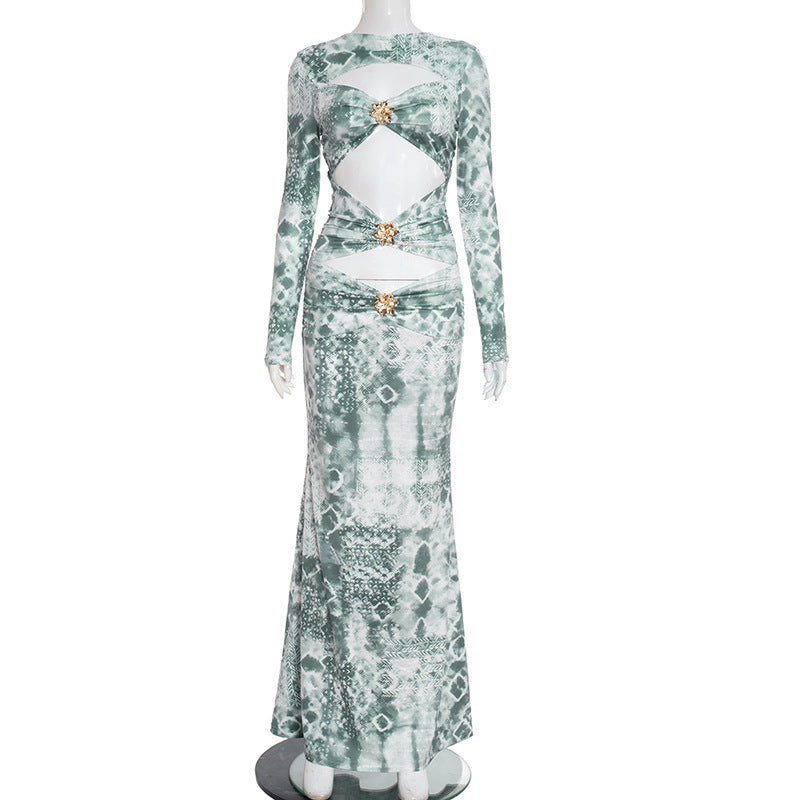MB10114 Green Tie-Dye Cutout Maxi Dress