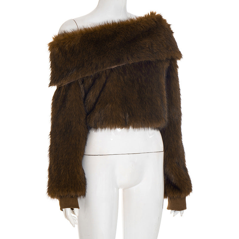 MB10113 Brown Faux Fur Off-The-Shoulder Cropped Top