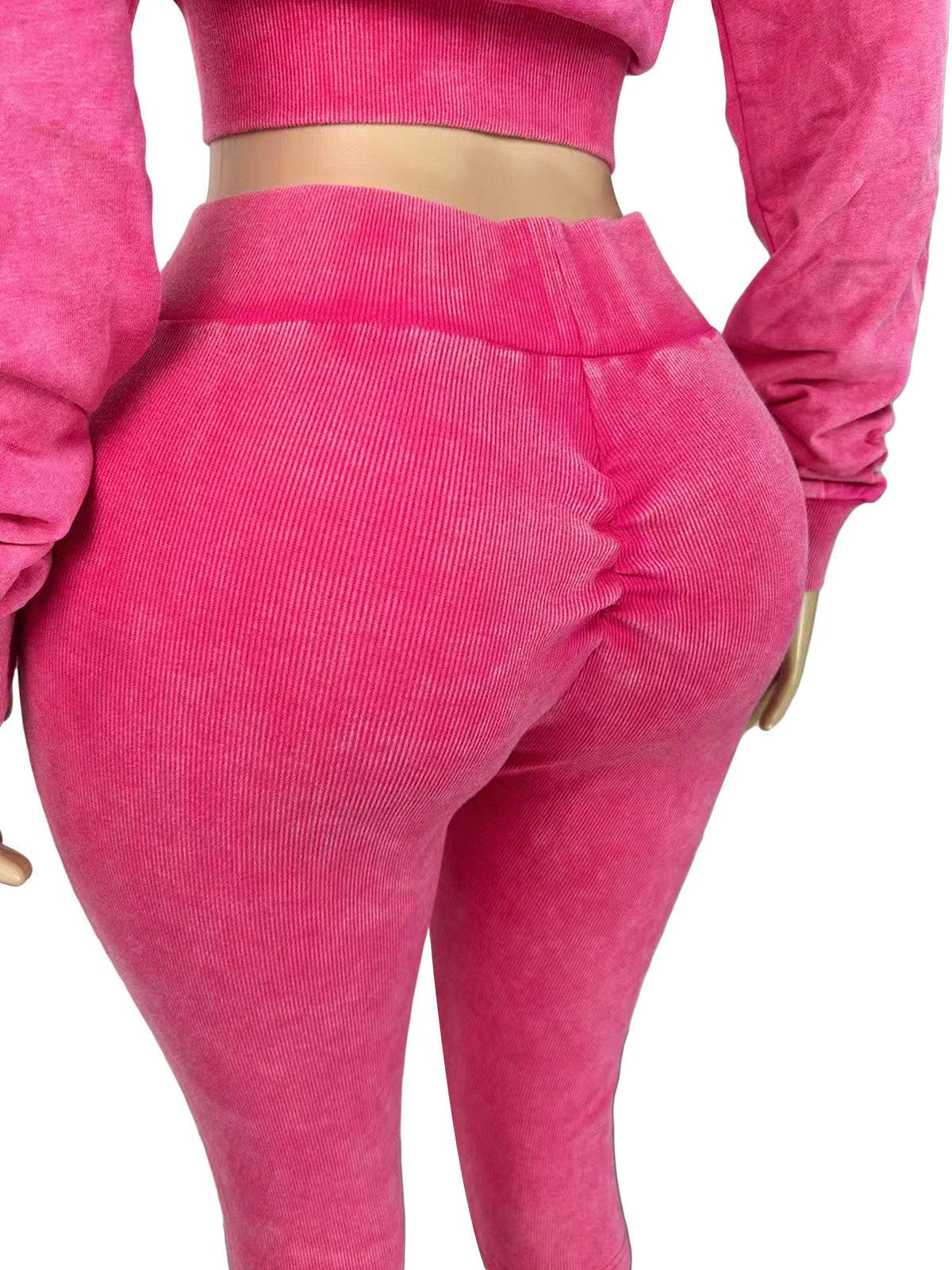 MB1734 Washed Ribbed Cropped Hoodie & Scrunch‑Butt Capri Leggings 2‑Piece Set