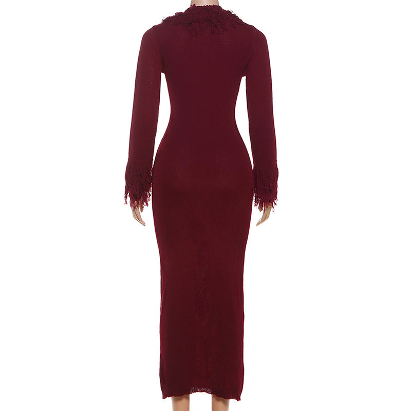 MB1806 Women's Burgundy Deep V Fringe Trim Ribbed Knit Midi Dress