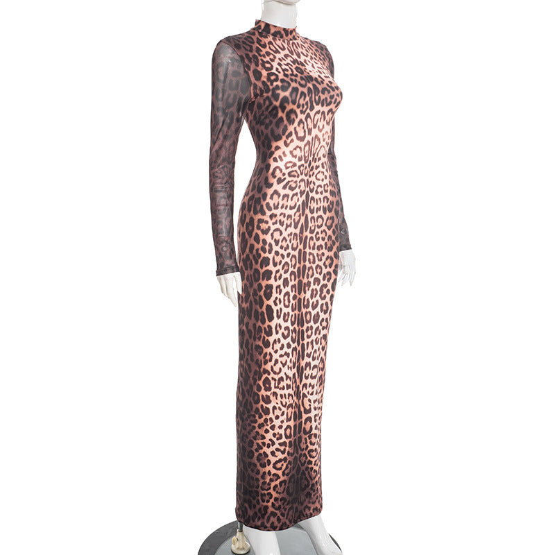 MB1436 Leopard Print Sheer Turtleneck Maxi Dress