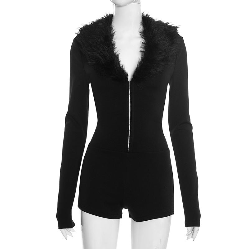 MB10145 Women’s Black Faux Fur Trim Romper