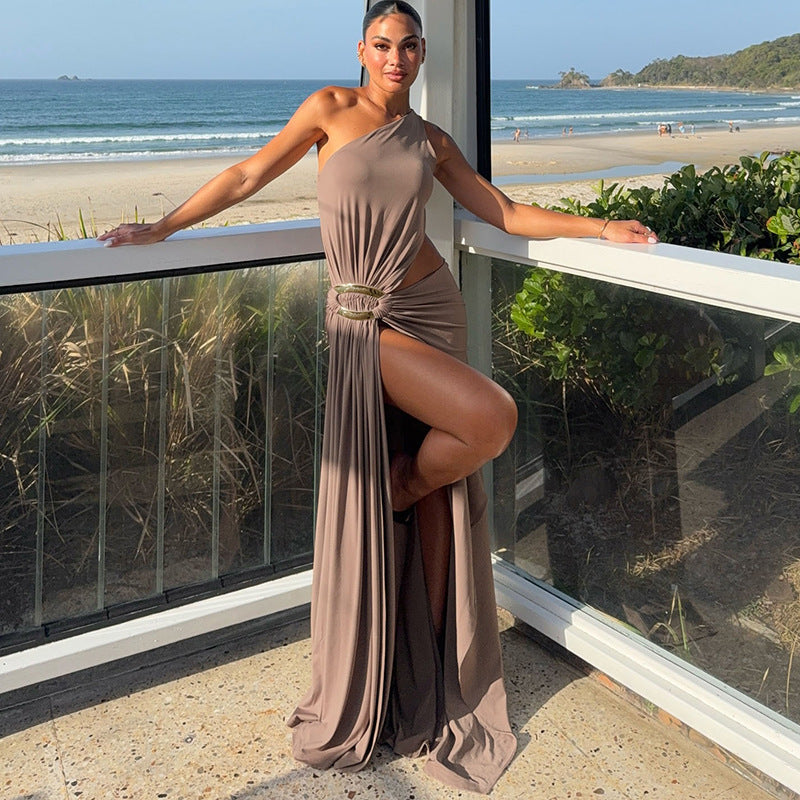 MB1157 Taupe One Shoulder Cutout Maxi Dress