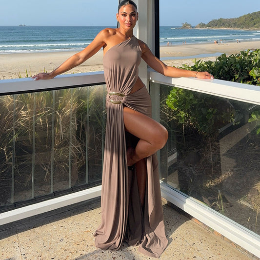 MB1157 Taupe One Shoulder Cutout Maxi Dress