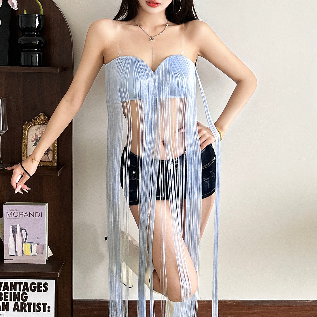 MB1521 Light Blue Fringe Strapless Crop Top for Women