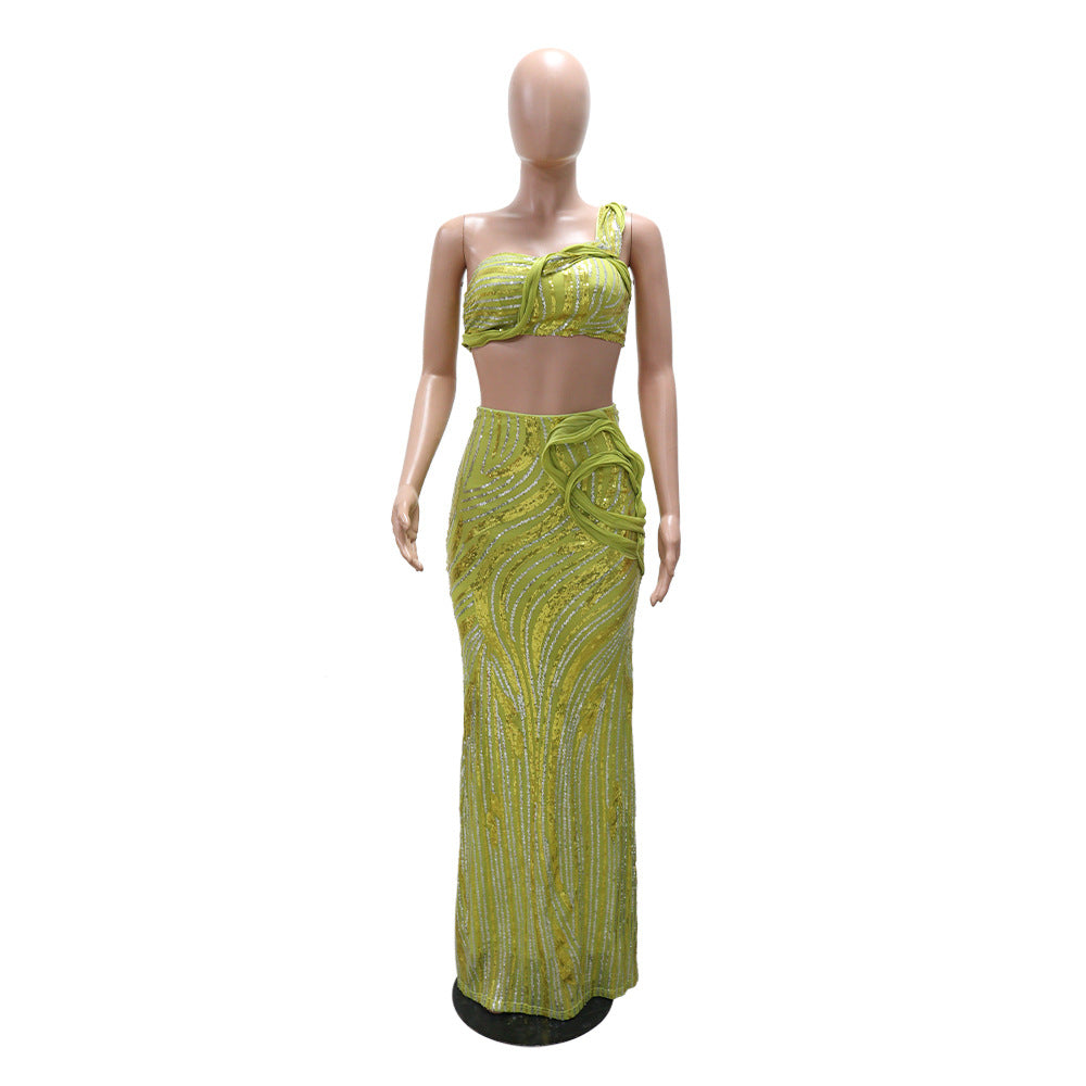MB1219 Sequin One-Shoulder Crop Top & Bodycon Maxi Skirt Two Piece Set