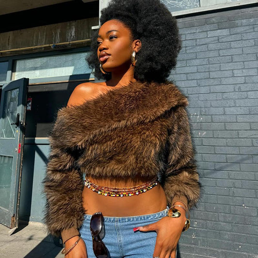 MB10113 Brown Faux Fur Off-The-Shoulder Cropped Top