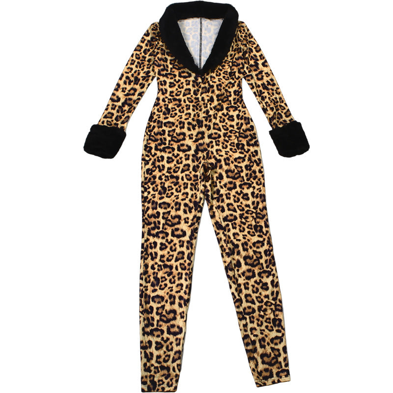 MB1512 Leopard Print Bodycon Jumpsuit - Black Faux Fur Collar & Cuff Trim