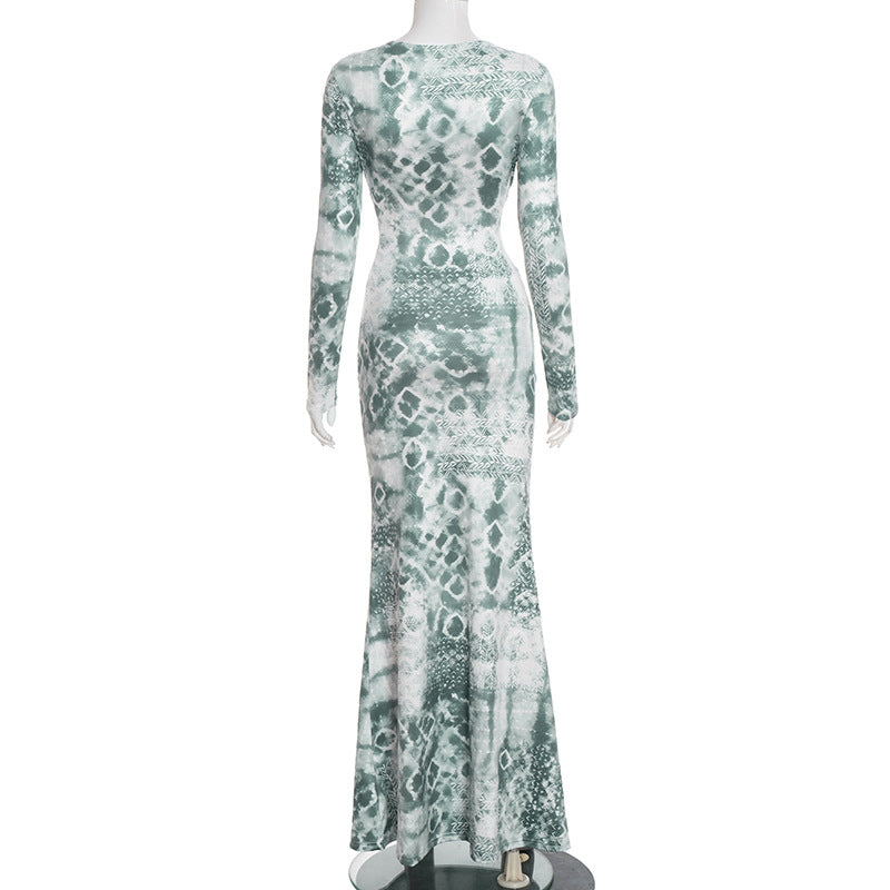 MB10114 Green Tie-Dye Cutout Maxi Dress