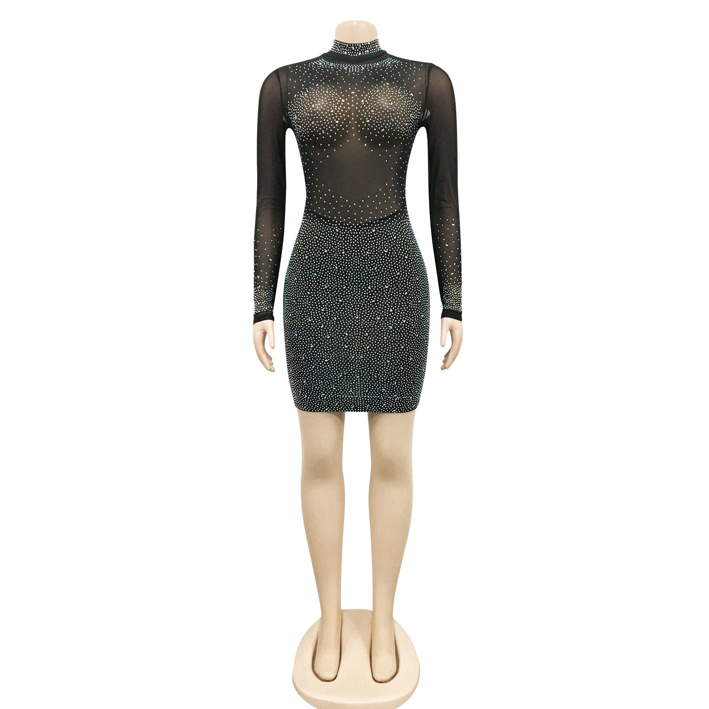 MB1606 Sheer Mesh Full Rhinestone Bodycon Mini Dress