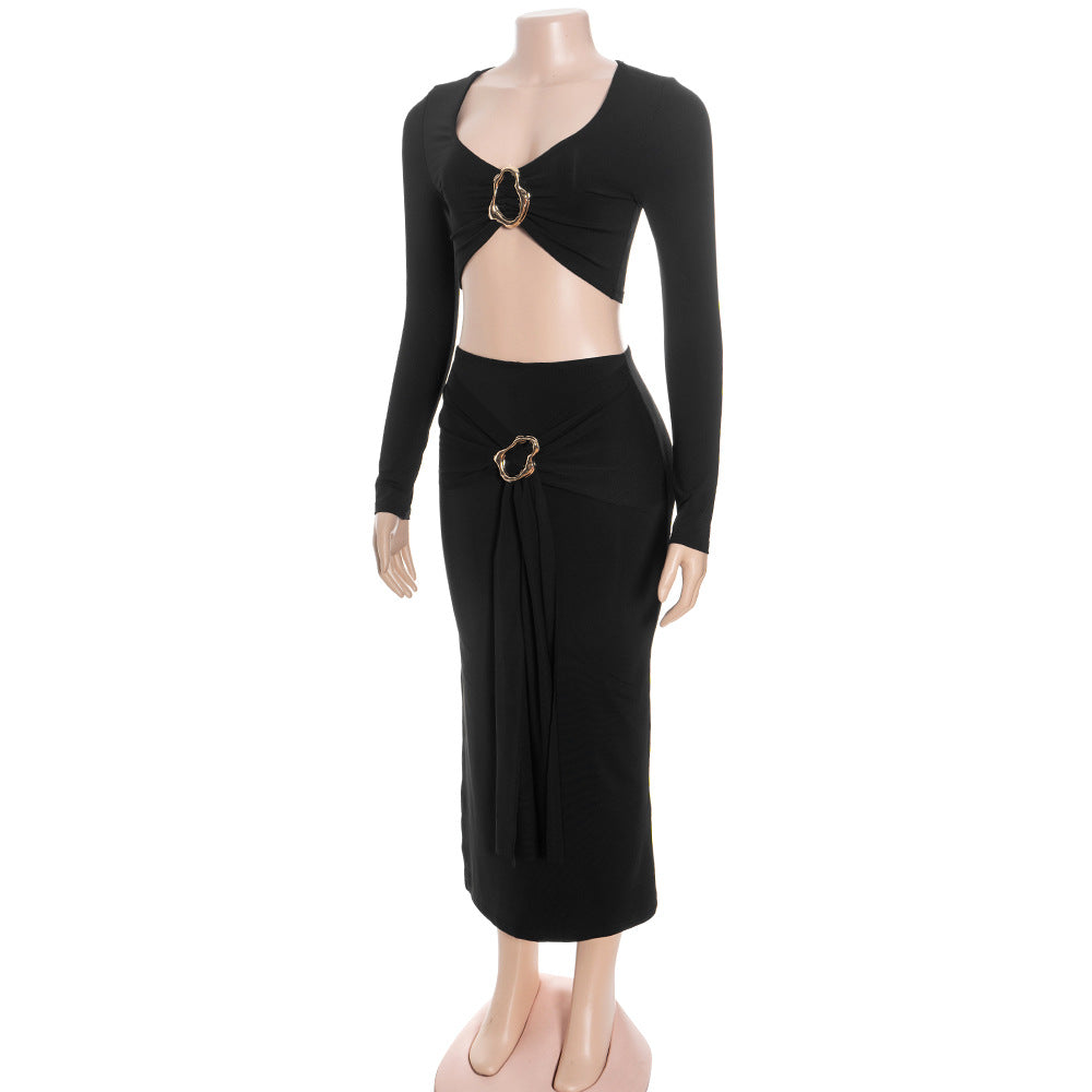 MB1319 Long Sleeve Crop Top & Maxi Skirt Two Piece Set