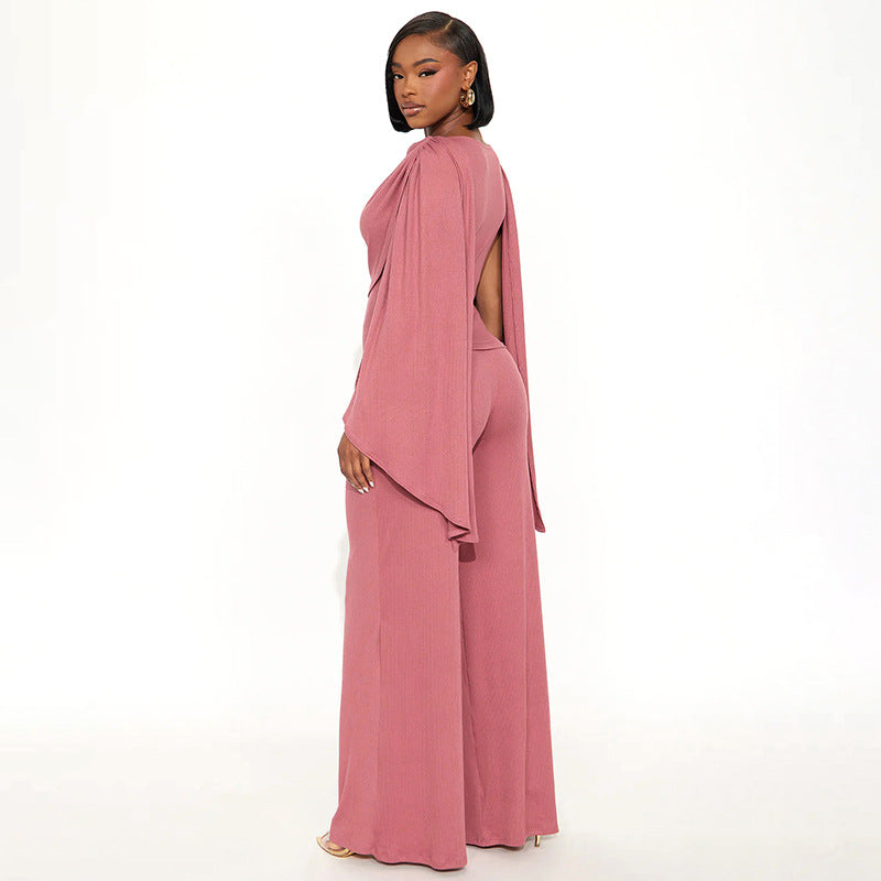 MB1049 Cape Sleeve Ribbed Knit Two-Piece Set