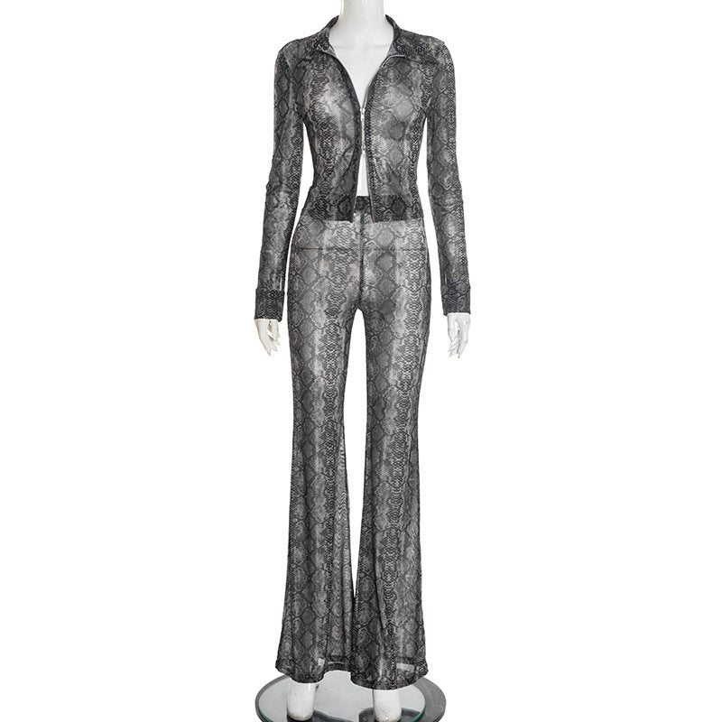 MB10109 Snake Print Mesh 2-Piece Set - Long Sleeve Top & Flared Pants