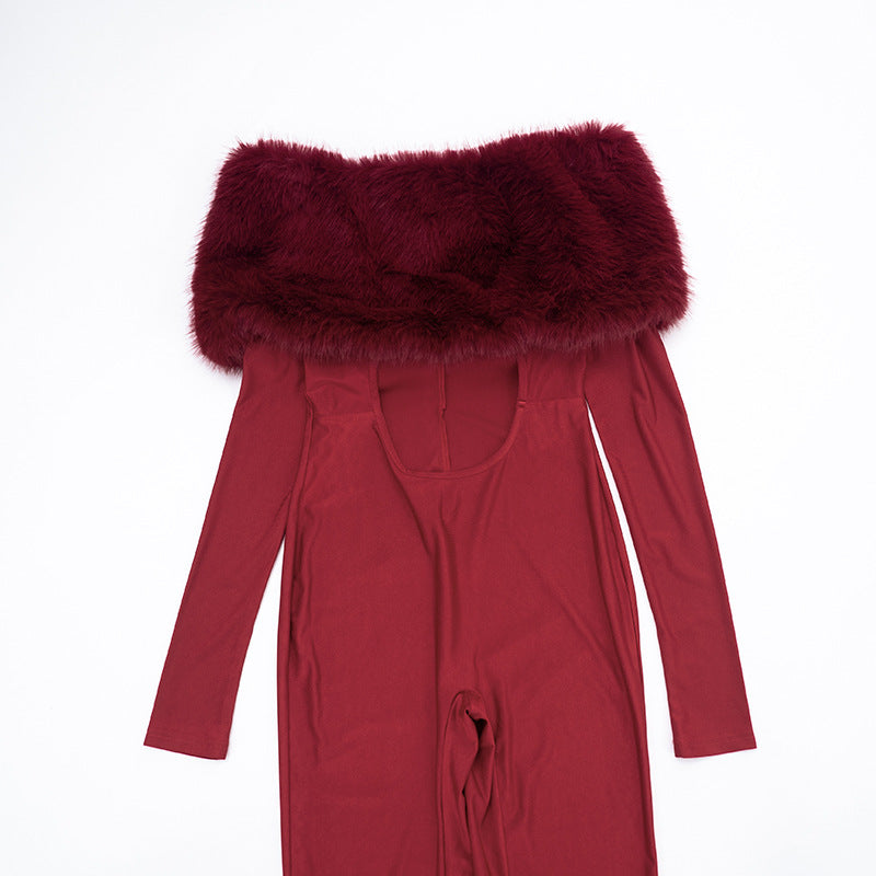 MB10140 Women’s Off-Shoulder Faux Fur Trim Cutout Jumpsuit