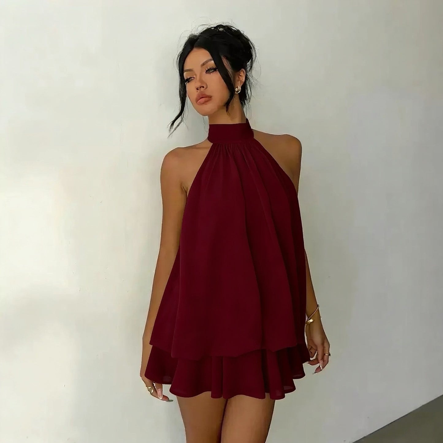MB2001  Halter Backless Mini Dress - Flowy Ruffle Chiffon Party Dress for Women 