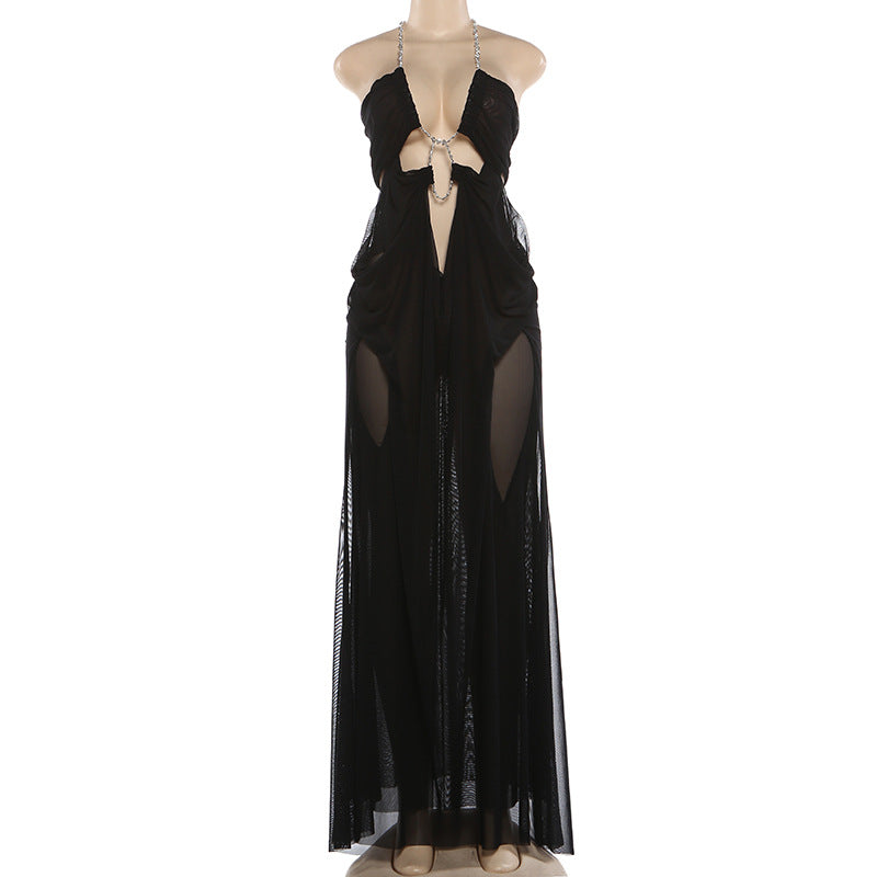 MB1902 Light Blue Sheer Mesh Halter Maxi Dress – Rhinestone Cutout Party Gown