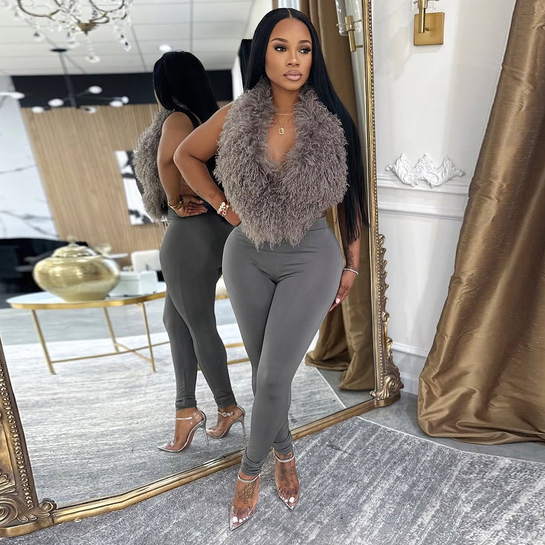 MB1801 Women's Faux Fur Trim Top & High Waist Leggings Two-Piece Outfit