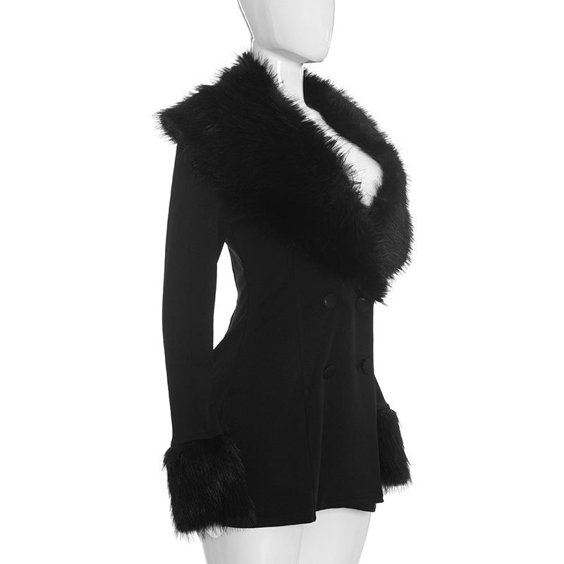 MB10210 Women Fuzzy Fur Collar Blazer Dress