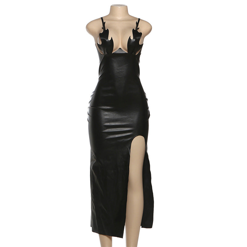 MB1511 Black Faux Leather Bodycon Midi Dress