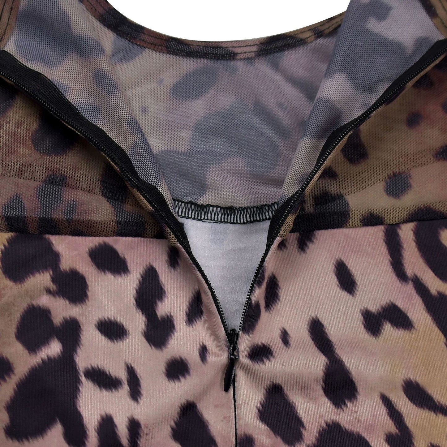 MB1607 Taupe Leopard Print Sheer Mesh Bodycon Jumpsuit