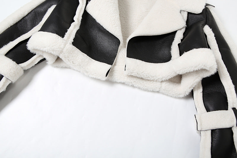 MB1133 PU Leather Shearling Collar Cropped Jacket
