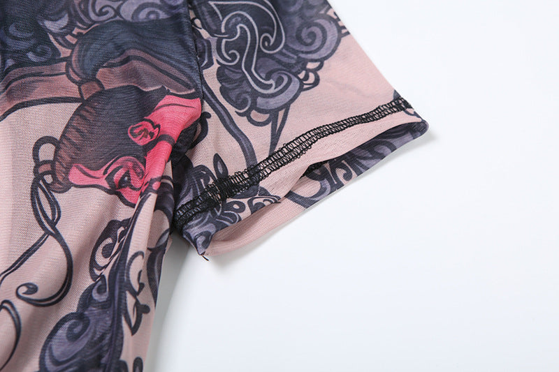 MB1112 Graphic Print Sheer Tight Backless Romper