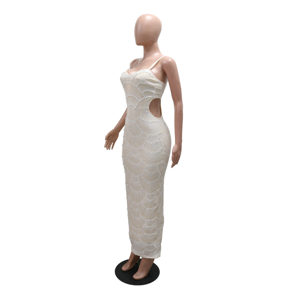 MB1203 Women's Beaded Spaghetti Strap Long Evening Gown