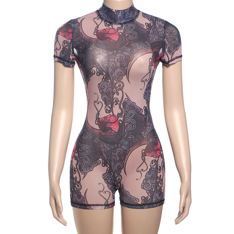 MB1112 Graphic Print Sheer Tight Backless Romper