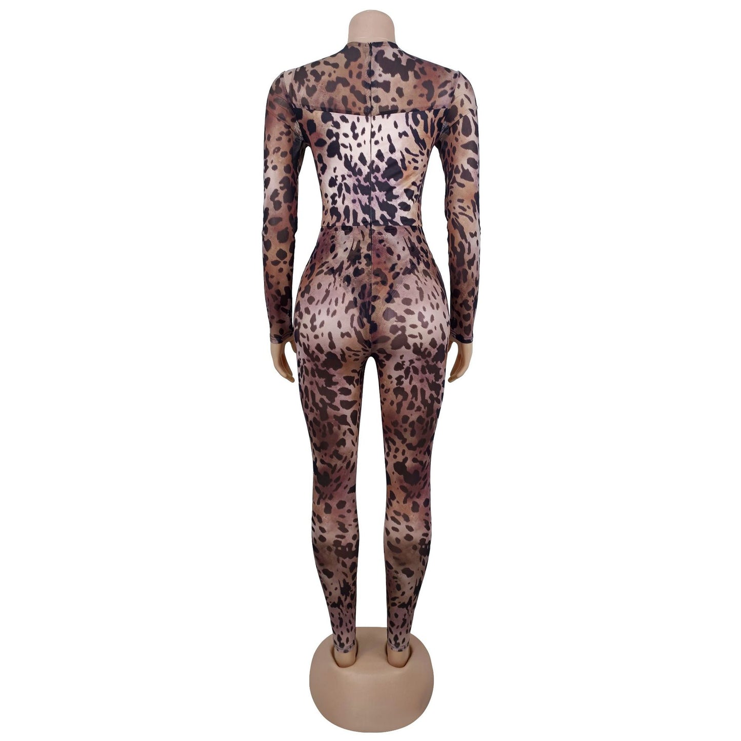 MB1607 Taupe Leopard Print Sheer Mesh Bodycon Jumpsuit