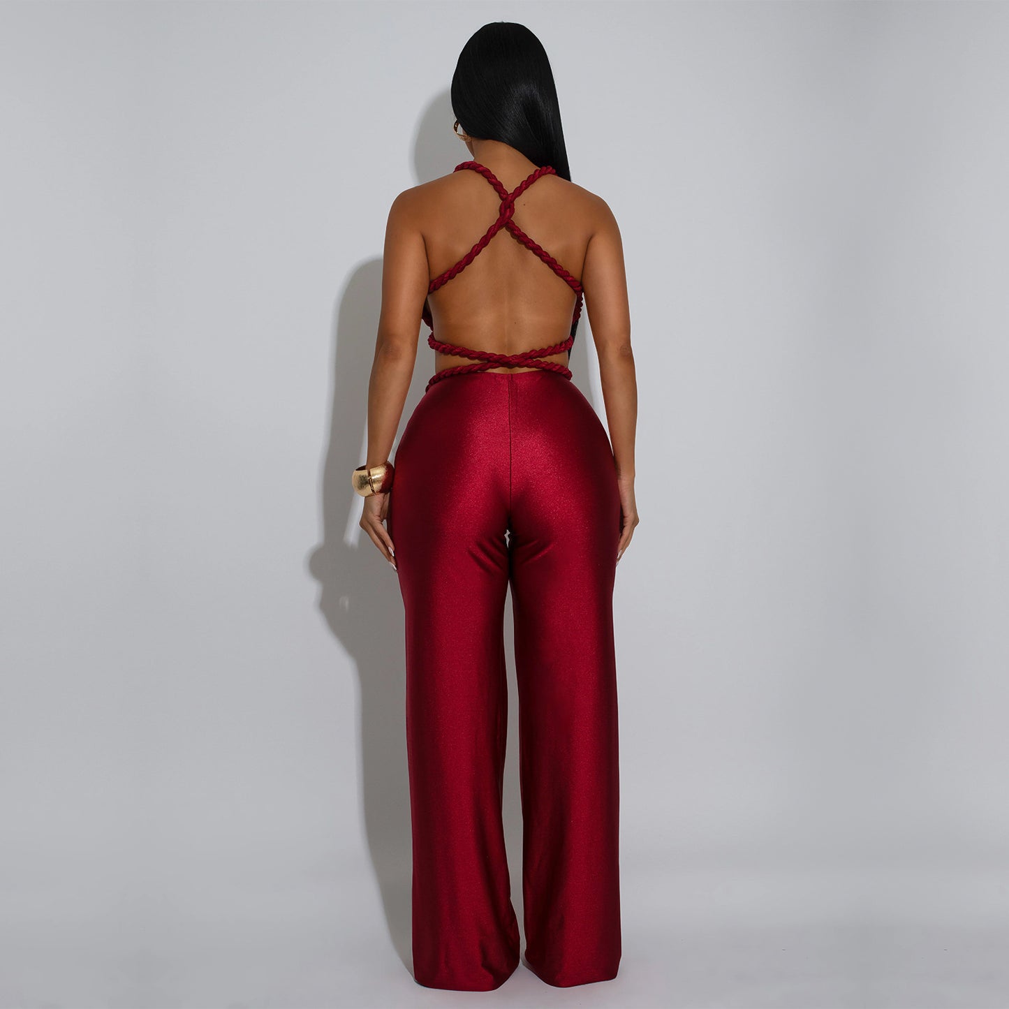 MB1621 Halter Neck Cutout 3D Flower Applique Wide Leg Jumpsuit