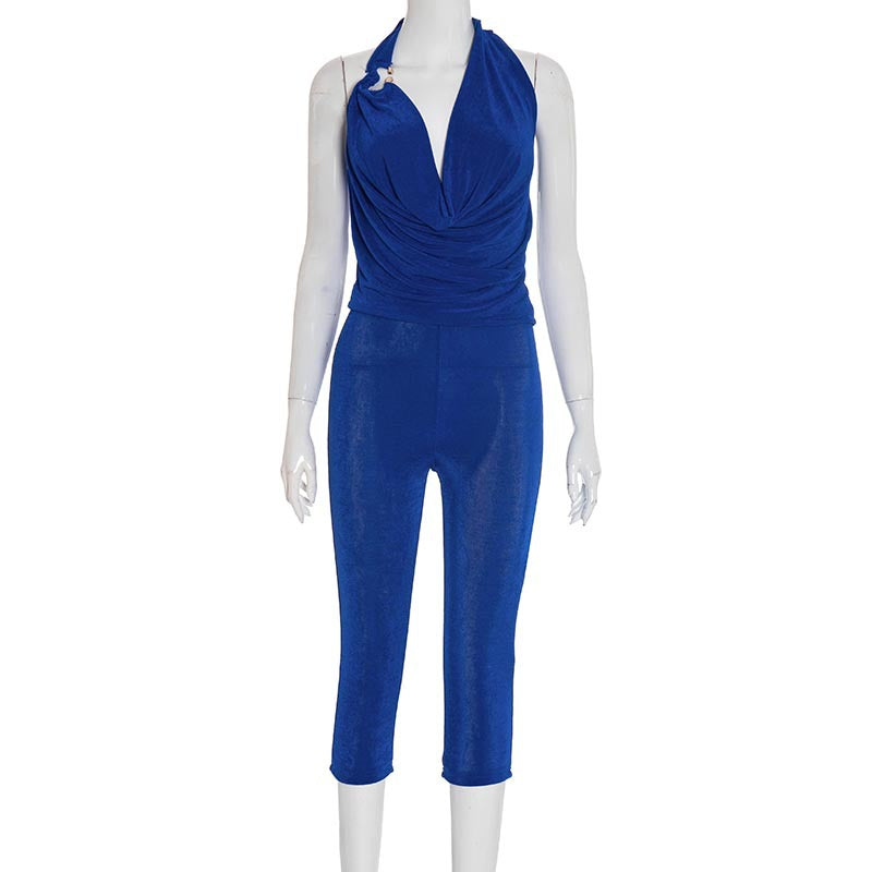 MB1055 Women's Draped Neck Top and Skinny Pants Two-Piece Set