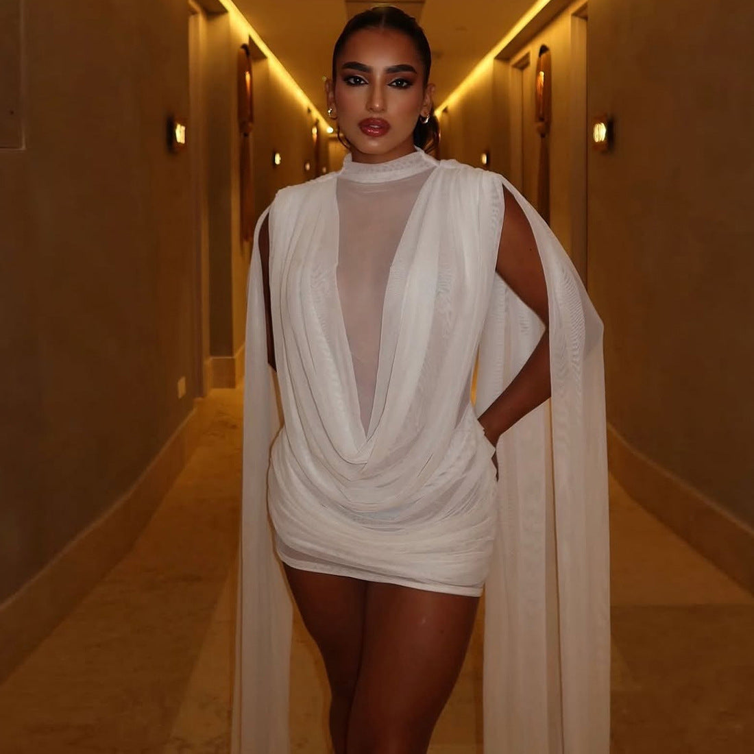 MB1815 Women's White Sheer Mesh Cape Overlay Mini Dress