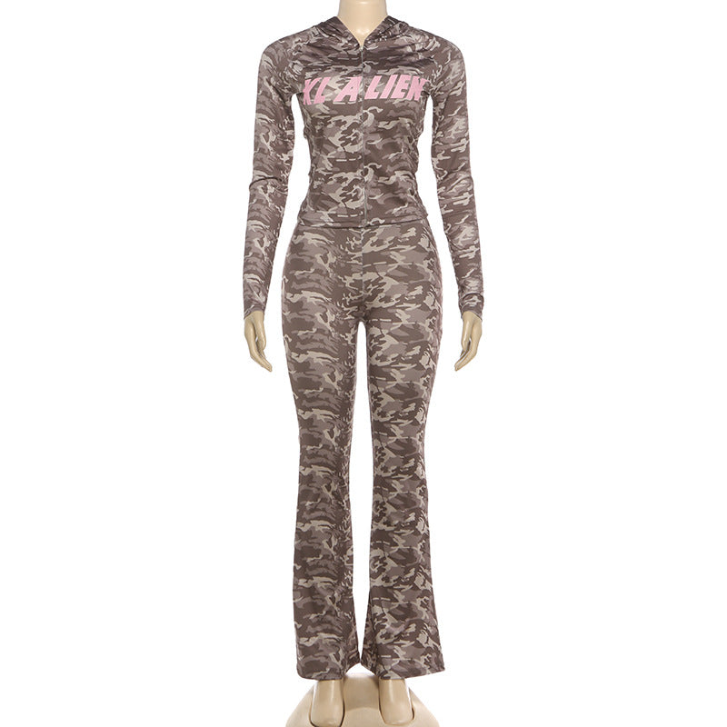 MB1830 Women's Leopard Print Zip Up Hoodie & Flared Pants 2 Piece Set