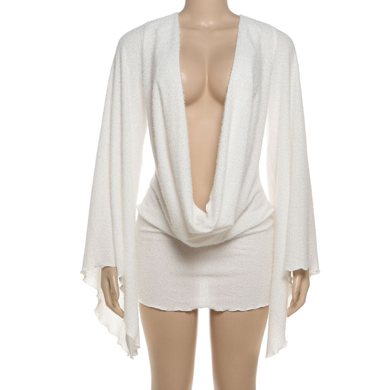 MB1129 White Plunging Cowl Neck Bell Sleeve A-Line Mini Dress